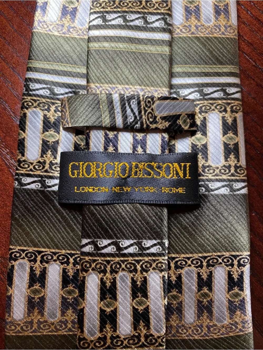 Giorgio Bissoni Classic Olive Green, Gold and  Gray Patterned Men's Neck Tie